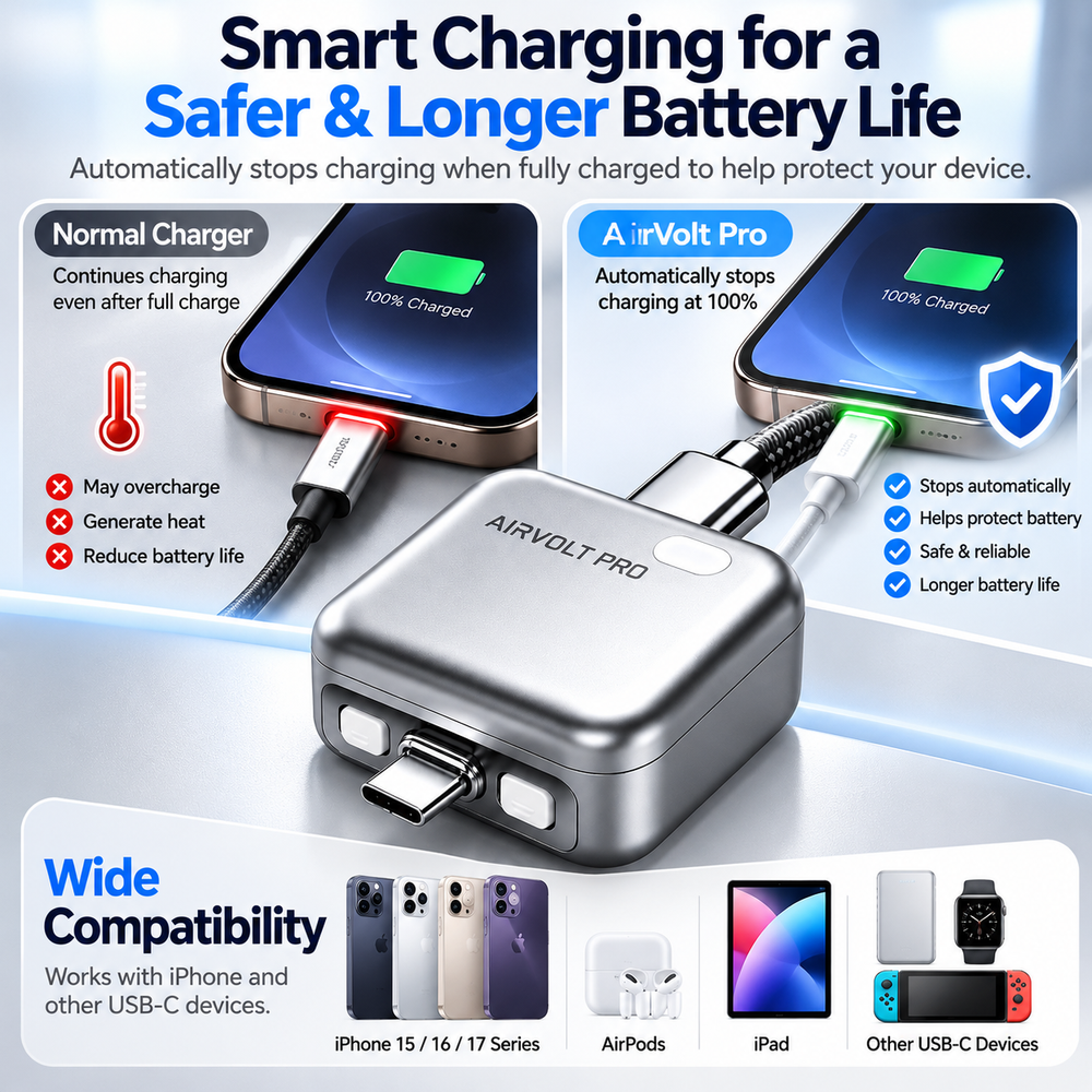 AirVolt Pro USB-C Charger Adapter with Automatic Power Cut-Off When Fully Charged, Metal Finish