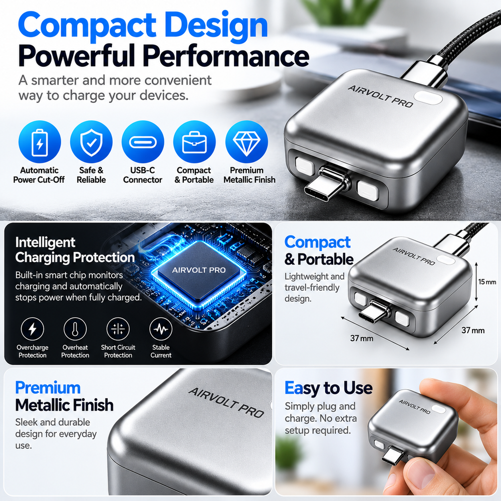 AirVolt Pro USB-C Charger Adapter with Automatic Power Cut-Off When Fully Charged, Metal Finish
