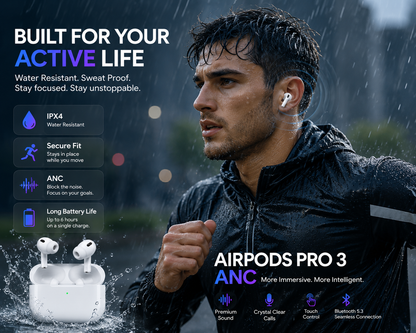 Airpods Pro 3 ANC Wireless Earbuds – Bluetooth 5.3, HD Sound, ENC Calls & Long Battery Life