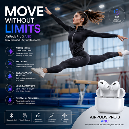 Airpods Pro 3 ANC Wireless Earbuds – Bluetooth 5.3, HD Sound, ENC Calls & Long Battery Life